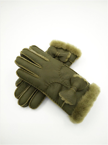 Classic Fashion women Winter Wool Gloves Bow Warm Gloves Windproof Frostproof Leather Gloves 100% Leather Quality