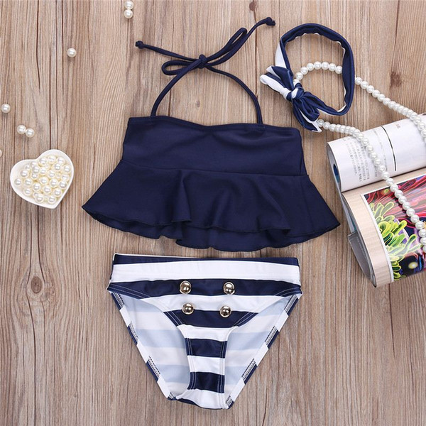 Free Shipping New Brand Children Girls Bikini Suit Ruffles Navy Tops Striped Tankini Swimsuit Swimwear two pieces swim for girls