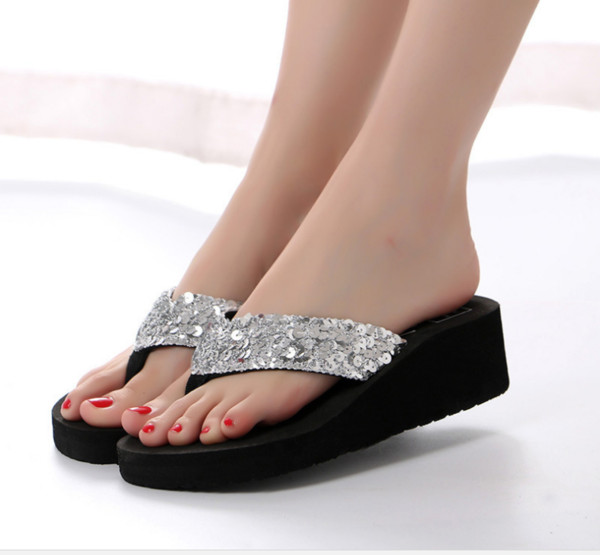 New Stylish Women'S Summer Sequins Anti-Slip Sandals Slipper Indoor & Outdoor Flip-Flops 2018 new women's beach shoes