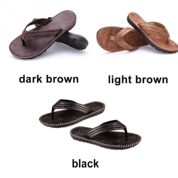 1 pair Men PU Leather Wearing Flip Flops Outdoor Beach Bathing Sandals Anti-slip Flat Slipper Shoes
