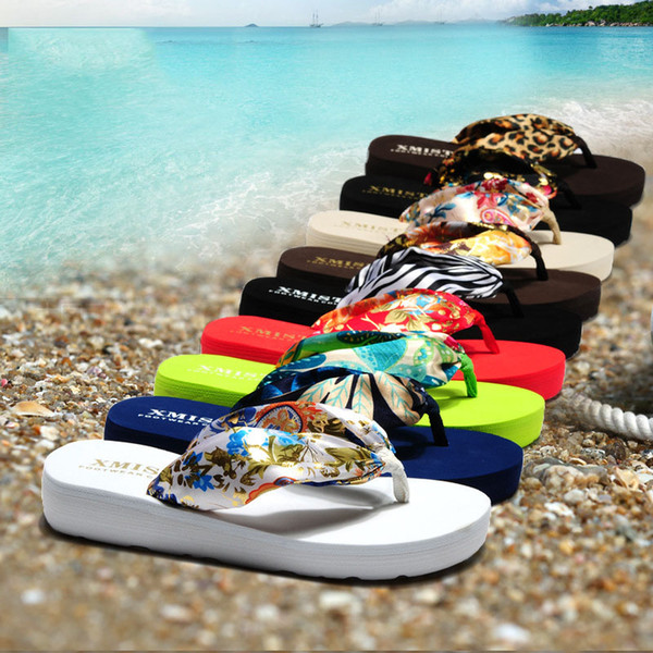 2Pair Summer New Bohemia Satin Slope Heel Beach Female Flip Flops Women Slippers