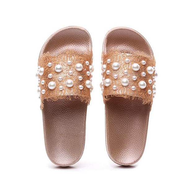 Luxury Girls Lace Pearl Pattern Slippers Personality Leisure Loose Flip Flop Summer Holiday Party Beach Shoes