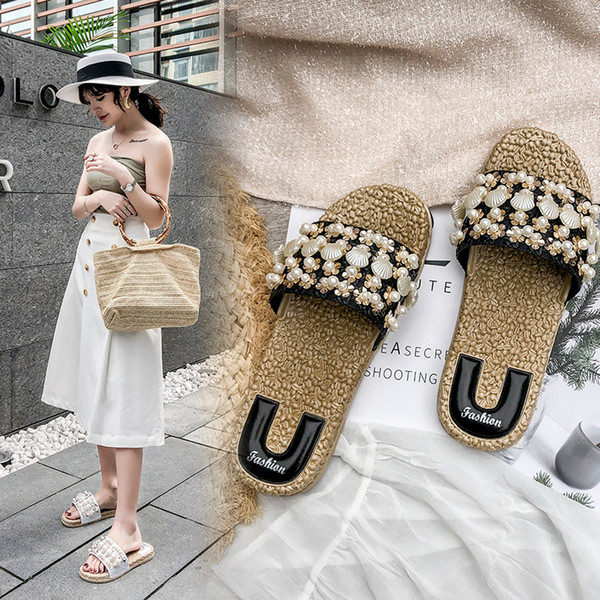 Islike beaded slippers female summer fashion wear wild personality cool sandals casual cute poster holiday beach shoes