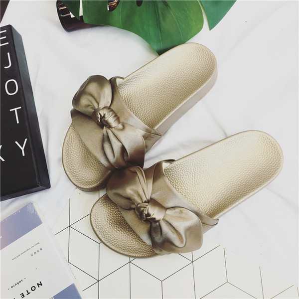 Luxury Satin Bow-knot Beach Shoes Fashion Designer Outdoor Flat Slippers INS Style Elegant Casual Women Sandals