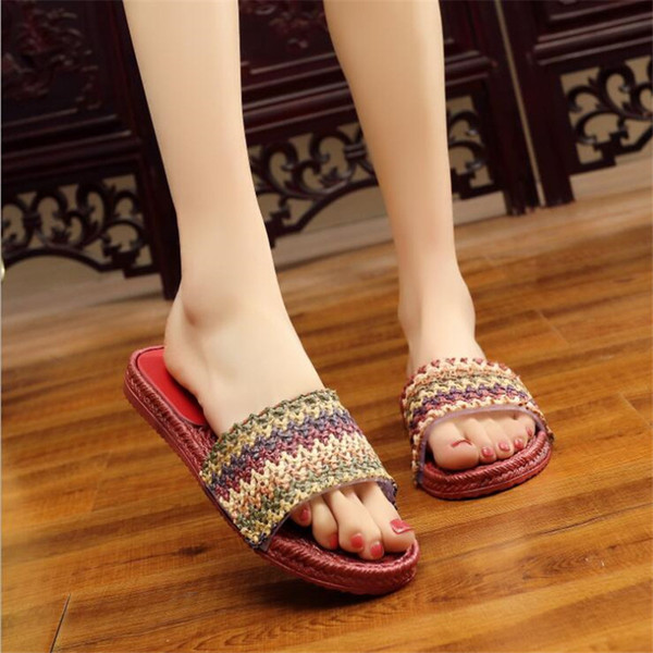 Summer Boho Women Handmade Lovely Beach Shoes Fashion Girls Straw Pattern Simple Slippers Summer Vacation Casual Flip Flop