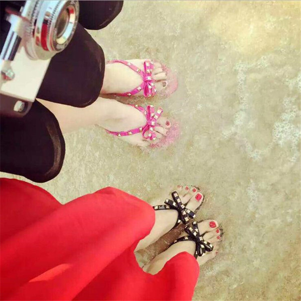 Lady Summer Popular Beach Shoes Fashion Designer Bow Knot Charm Slippers Outdoor Vacation Female Flip Flop