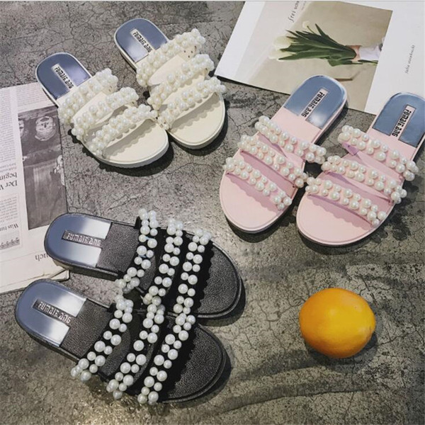 Female Personality Three Belt Pearl Flip Flop Summer Women Fashion Adjustable Beach Shoes Girls Vacation Casual Slides