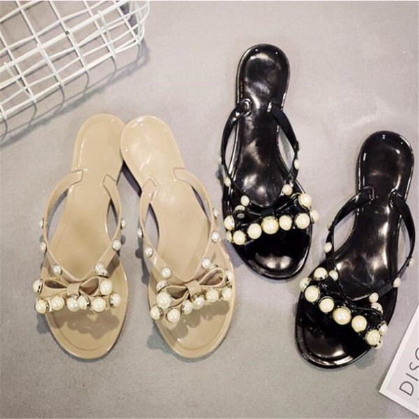 Lady Simple Solid Pearl Flip Flop Fashion Beach Bow Charm Slippers Summer Leisure Vacation Non Slip Jelly Shoes Travel Party Sandals