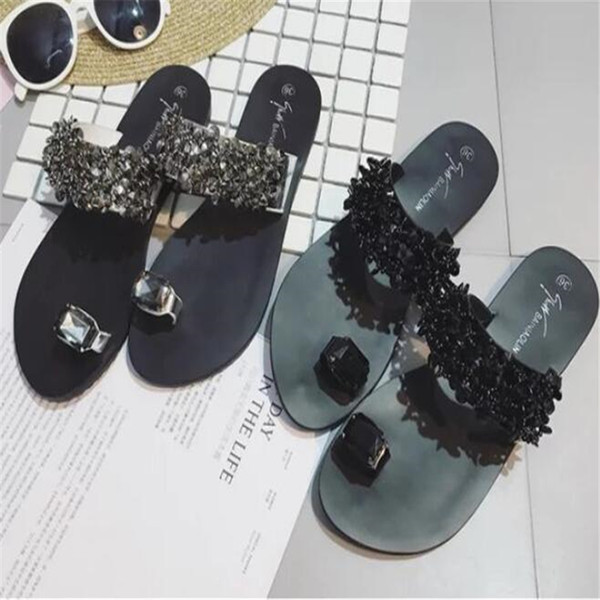 Designer Trend Toe Beach Shoes Luxury Rhinestone Wear-resistant Flat Slippers Fashion Brand INS Style Women Slippers