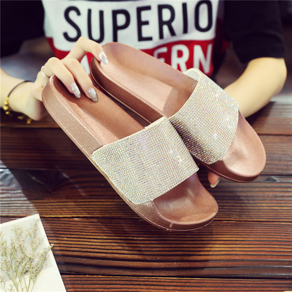 Luxury Crystal Rhinestone Women Slippers New Summer Wear-resistant Beach Outdoor Slippers Fashion Designer Solid Flat Bottom Shoes