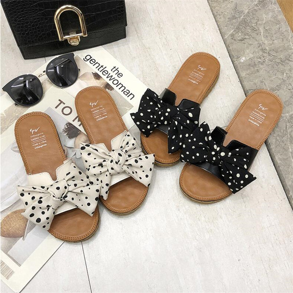 Tide Brand Bow-knot Dot Slippers Summer New Fashion Outdoor Beach Shoes Elegant Soft Non-slip Women Slippers