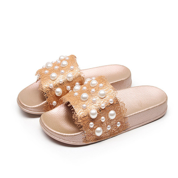 Luxury Pearl Women Beach Shoes Tide Brand Fashion Romantic Non-slip Slippers High Quality Designer Lace Slippers