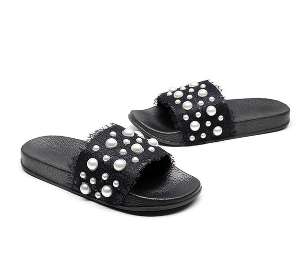 New Fashion Women Pearl Beach Shoes Casual Lace Beading Flat Heel Sandals Popular Travel Vacation Party Sandals