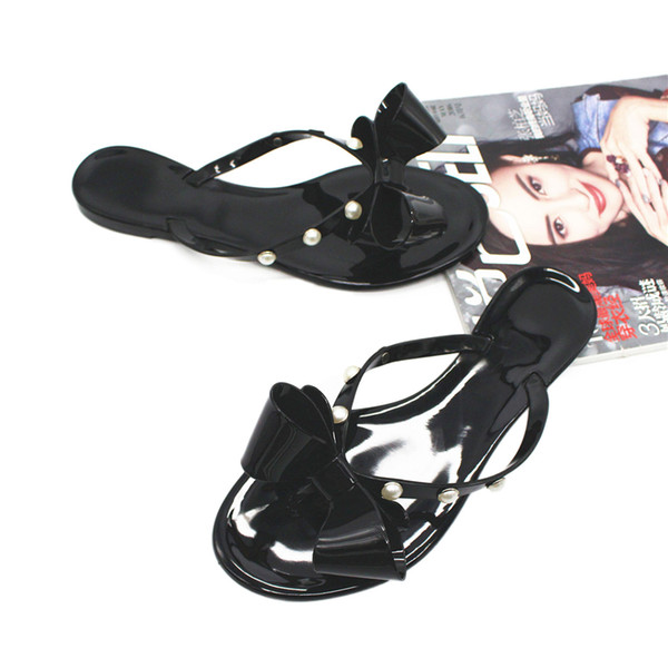 Casual Women Beach Vacation Shoes Fashion Bow Knot Pearl Flip Flops Popular Non Slip Pool Party Sandals