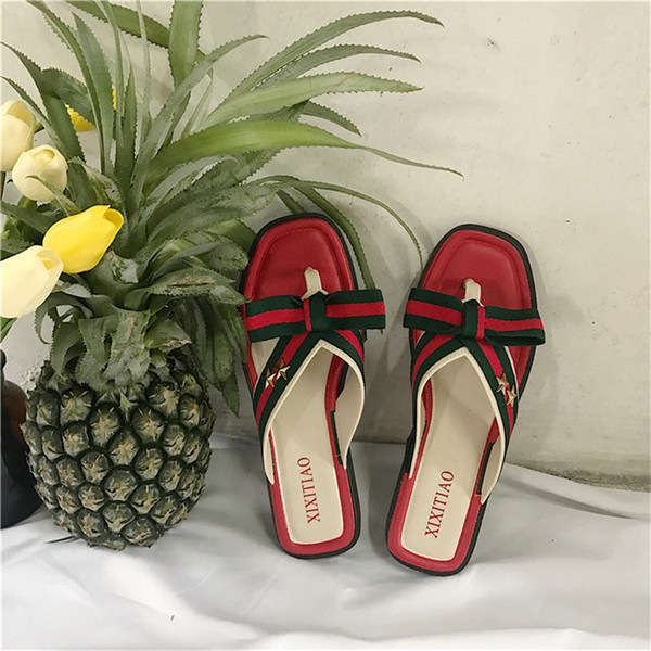 Bow Flip Flops Blue Patchwork Belt Slipper Flat Bottom Shoes Retro Color Beach Anti Wear Cool Non Slip 10 5rhf1