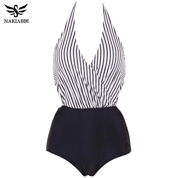 NAKIAEOI 2019 New Sexy One Piece Swimsuit Plus Size Women Swimwear Backless Halter Top Swimsuit Patchwork Bathing Suit Swim Wear