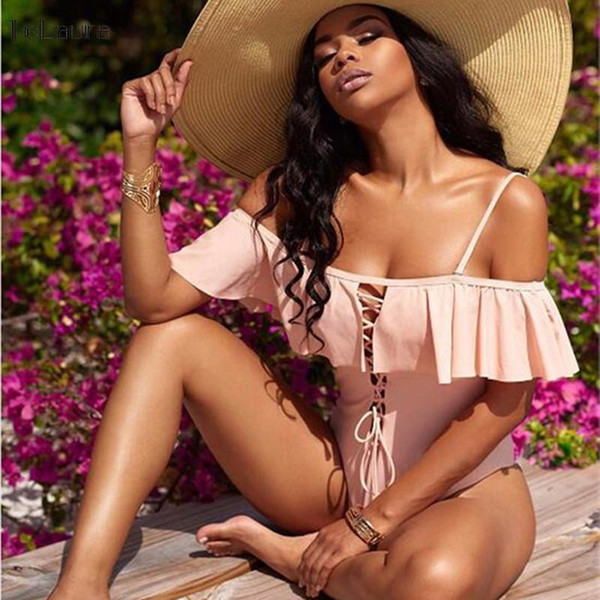 2017 Sexy One Piece Swimsuit Women Swimwear Off the Shoulder Monokini Ruffle Bodysuit Solid Swimsuit Bandage Cross Bathing Suit
