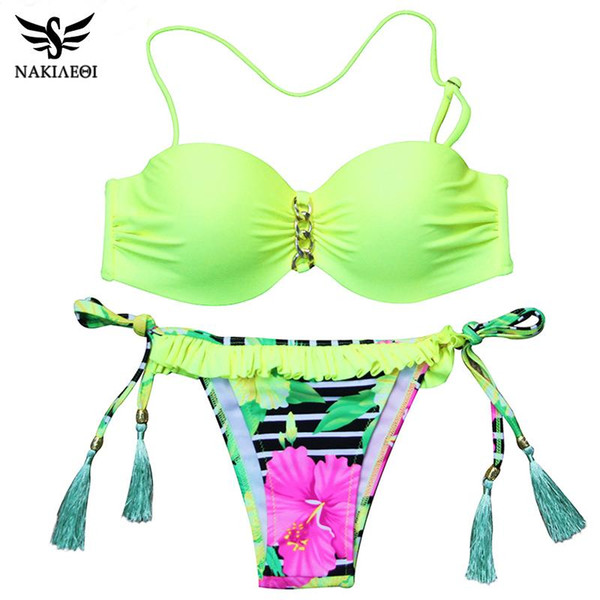 NAKIAEOI 2019 New Sexy Brazilian Bikini Women Swimsuit Bandeau Floral Print Swimwear Push Up Bikini Set Top Beach Bathing Suit