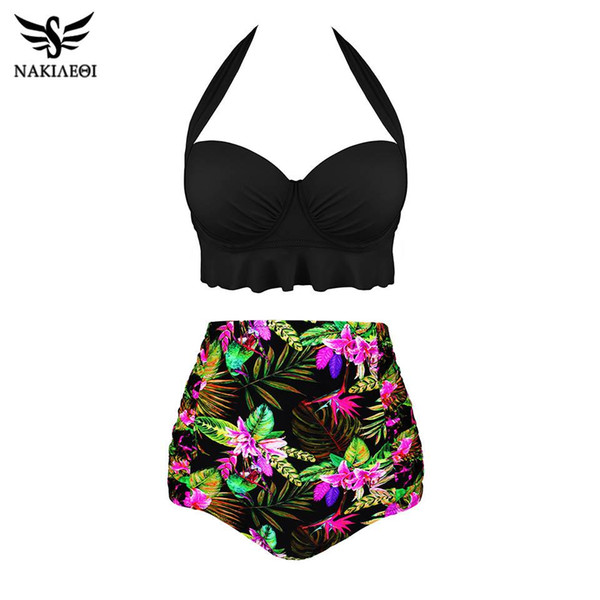 NAKIAEOI 2019 New Sexy Bikinis Women Swimsuit High Waist Swimwear Plus Size Bathing Suit Halter Push Up Brazilian Beachwear 4XL