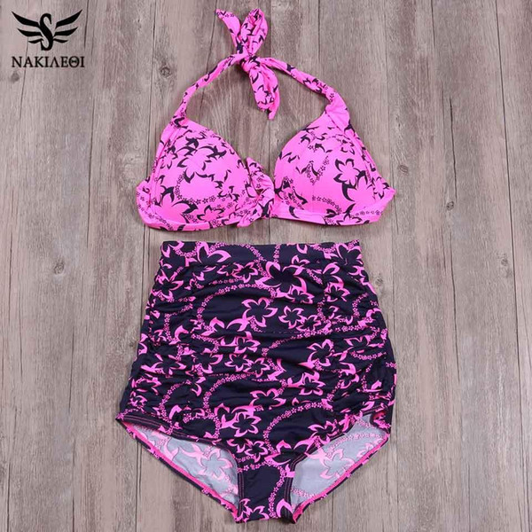 NAKIAEOI 2019 New Bandage Sexy Bikini Women Swimsuit High Waisted Bathing Suit Push Up Bikini Set Print Plus Size Swimwear S~4XL