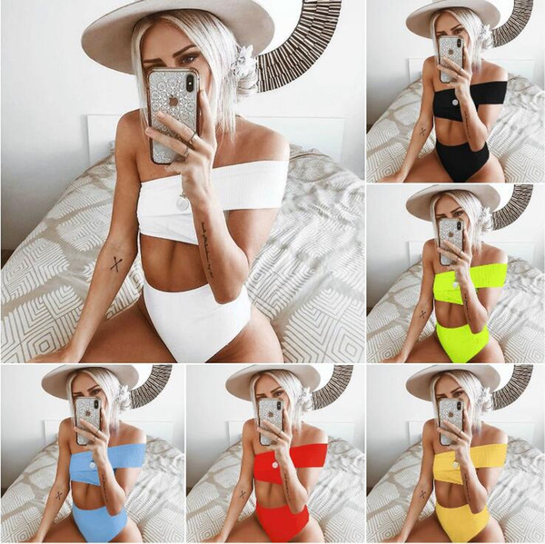 Solid Irregular One Shoulder Bikini 7 Colors Women Bandage Split High Waist Swimwear Swimsuit Bathing Suit Beachwear OOA6478