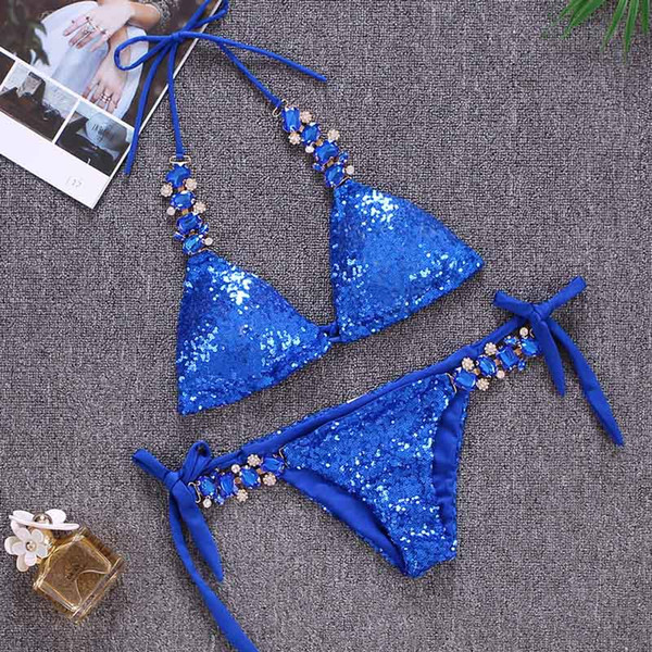 2019 Hot Sale Sexy Bikinis Sequins Golden Women Bandage Bikini Set Push Up Padded Strappy Swimsuit Backless Brazillian Summer Swimwear