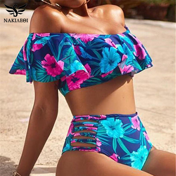NAKIAEOI 2019 New Sexy Bikinis Women High Waist Swimsuit Push Up Swimwear Flower Print Ruffle Bikini Set Beach Wear Bathing Suit
