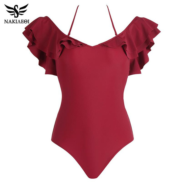 NAKIAEOI 2019 New One Piece Swimsuit Women Swimwear Summer Sexy Ruffle Vintage Bathing Suit Backless Solid Bodysuit Beach Wear