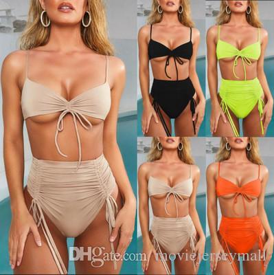 2019 Sexy Two-Piece Bikini High Waist Bikini Set Black push up Halter String Bathing Suit Women's Swimsuit Solid Bandage Swimwear