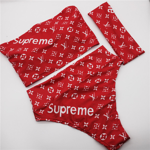 Sexy Summer Three-Piece Women Bikini Fashion High Waist Pool Party Swimsuit Trendy Print Red Stretch Beachwear
