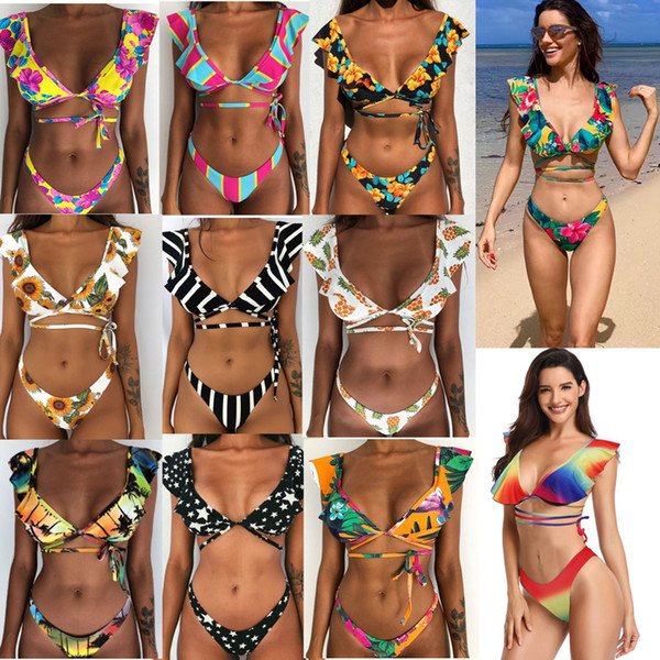 New Summer Women Swimwear Split Print Bikini Set Summer Bathing Suit Swimsuit Bikini Bra Bikini Bottom