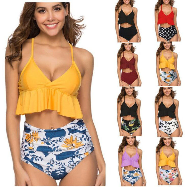 High Waist Bikini 11 Styles Floral Polka Dot Swimsuit Bathing Suit Outdoor Beach Swimwear 2pcs/set OOA6779