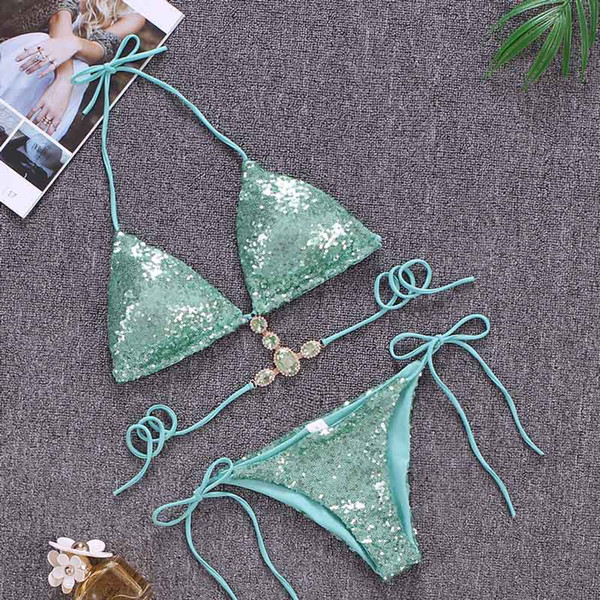 2019 High Quality Sexy Bikinis Sequins Golden Women Bandage Bikini Set Push Up Padded Strappy Swimsuit Backless Brazillian Summer Swimwear