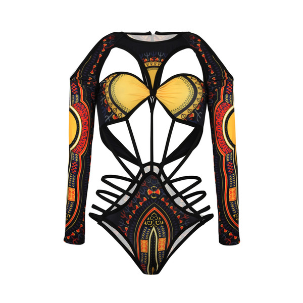 Printed Long-sleeved Sunscreen Sexy Swimsuit Bikini with Sxey Strap Summer Water Sports Bathing Suit