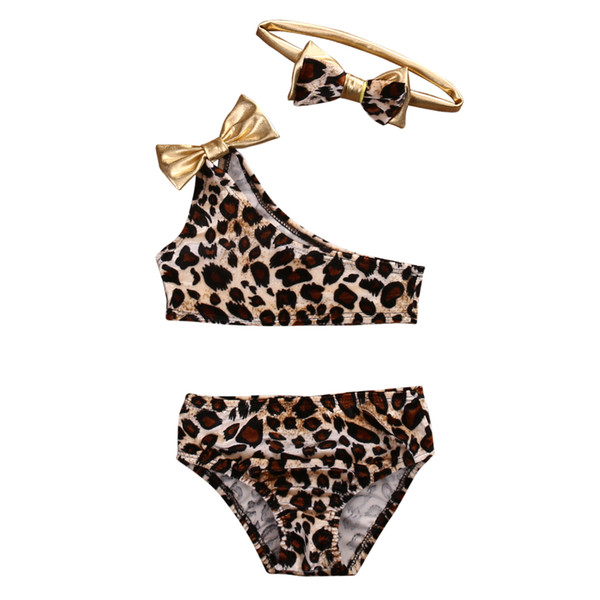 New Brand 2019 3pcs Kids Baby Girls Leopard Off-shoulder Bow Bikini Set Swimwear Swimsuit Bathing Suit Costume