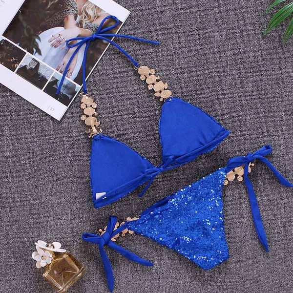 2019 Sexy Bikinis Sequins Golden Women Bandage Bikini Set Push Up Padded Strappy Swimsuit Backless Brazillian Summer Swimwear Free Shipping