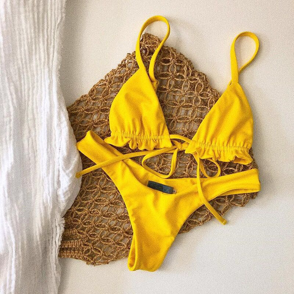 Ladies Sexy Triangle Beach Bathing Swimwear Suit Vintage Bikini Set Pure Color Lotus side Bikini Swimsuit