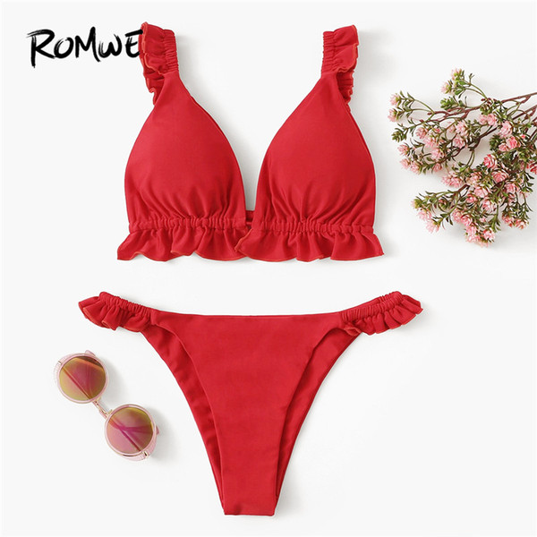 Romwe Sport Red Women Ruffle Trim Sexy Thong Bikini Sets Lace Up Back Bikinis With High Cut Bottoms Swimwear 2019 Beach