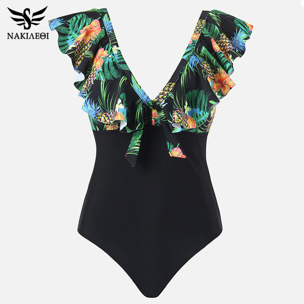 NAKIAEOI 2019 Sexy One Piece Swimsuit Print Female Women Fused Swimwear Backless White Brazilian Swimsuit May Bather Monokini XL