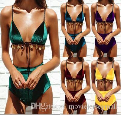 2019 New Women Sxey bikini Europe and America Bathing Suit BIKINI Print Solid color High Waist Halter String Swimsuit bikini Set Beachwear