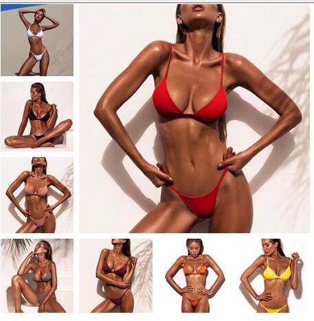 Ladies Sexy Triangle Beach Bathing Swimwear Suit Vintage Bikini Set for Women European and American Pure Color Bikini Swimsuit