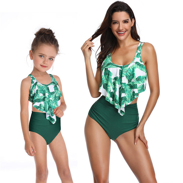 Sexy Explosive European and American Separate Swimwear Female Printed High-waist Bikini Lotus Leaf Edge Parent-child Swimwear