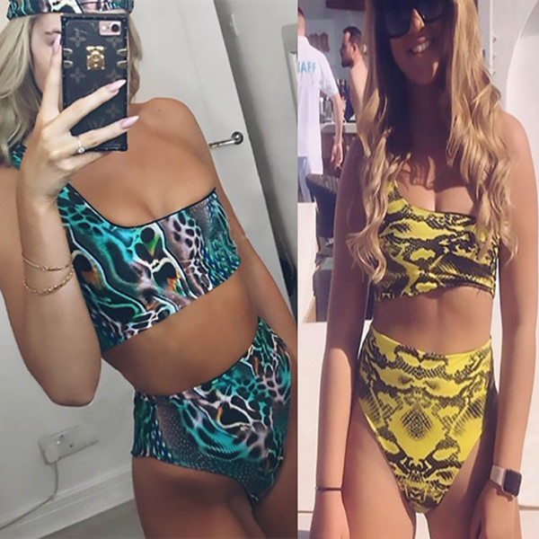 FDBRO 2019 Push Up Yellow Swimwear Women Bathing Suit Summer Bathers Snake Print Bikini Set One Shoulder Sexy Swimsuit Female Free Shipping