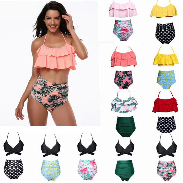 Women Waist Polka Dot Fashion Pattern Designer Bikini Sexy Print Swimwear Summer Beachwear Lotus Leaf Floral Bikini Set Bra Swimsuit