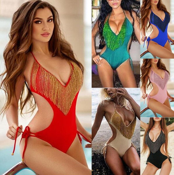 Tassel V Neck Bikini 6 Colors Hollow Out One Piece Swimsuit Bandage Backless Sleeveless Swimwear OOA6855
