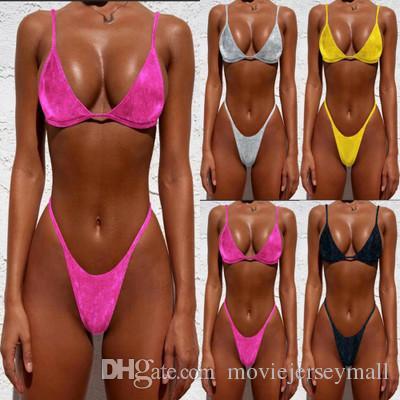 2019 Sexy Two-Piece Bikini Brightness Solid Bandage low Waist Bikini Set Black push up Halter String Bathing Suit Women's Swimsuit Swim