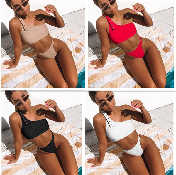 2019 Summer sexy bikini women's split swimwear single shoulder pure color punch bathing suit sexy Ms swimsuit