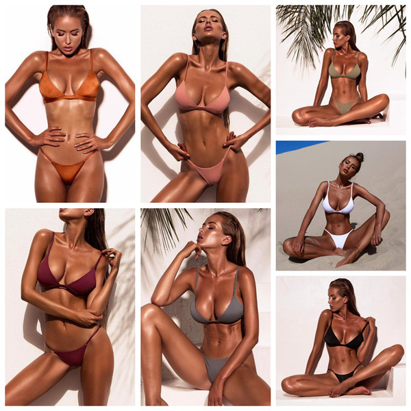 Women Swimwear Set 9 Colors Solid Color Push-up Bandage Bra Shorts Beachwear Bathing Suit Summer Beach Wear 60sets OOA6471