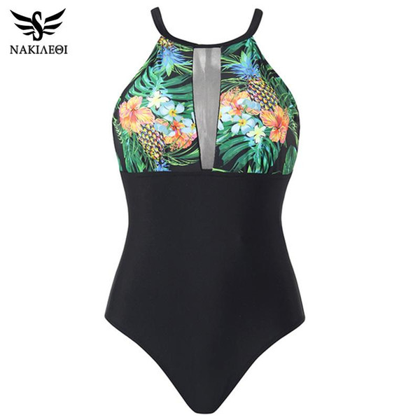 NAKIAEOI One Piece Swimsuit Push Up 2019 Sexy High neck Swimwear Women Halter Bandage Beach Monokini Print Solid Bathing Suit
