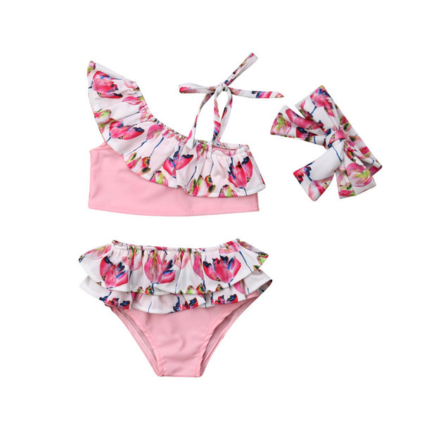 Fashion 3Pcs Toddler Kids Baby Girl Flower Ruffle Bikini Set Lovely Bottoms Headband Swimwear Swimsuit Hot Bathing Suit